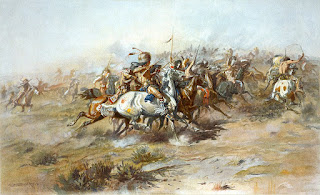 A scene from the Battle of the Little Bighorn, as depicted by the artist Charles Marion Russell A scene from the Battle of the Little Bighorn, as depicted by the artist Charles Marion Russell