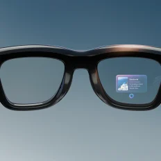 Smart glasses displaying text Santorini Island in Greece on lens screen.
