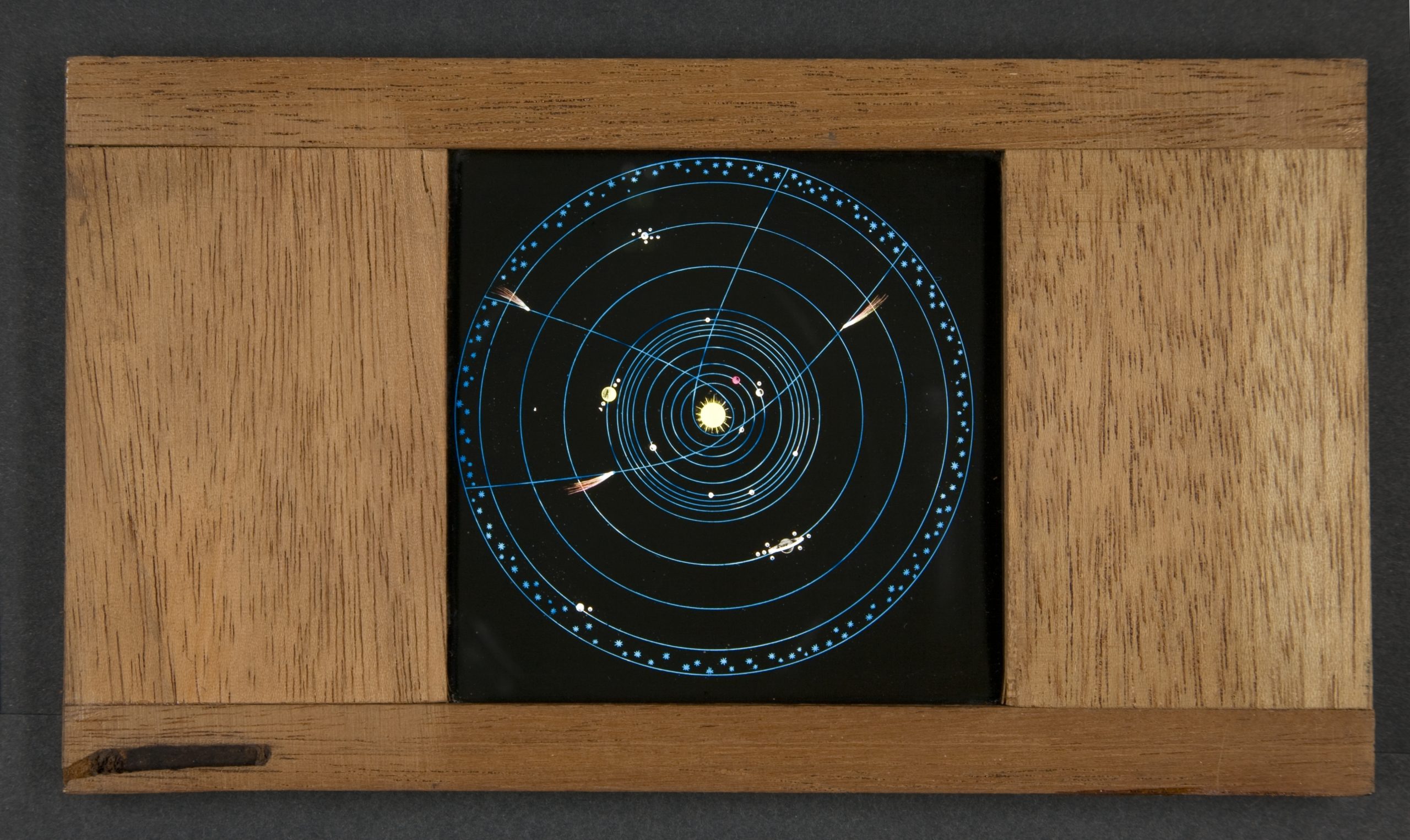 Laterna magica picture painted in color on glass plate. Pictures from the solar system.