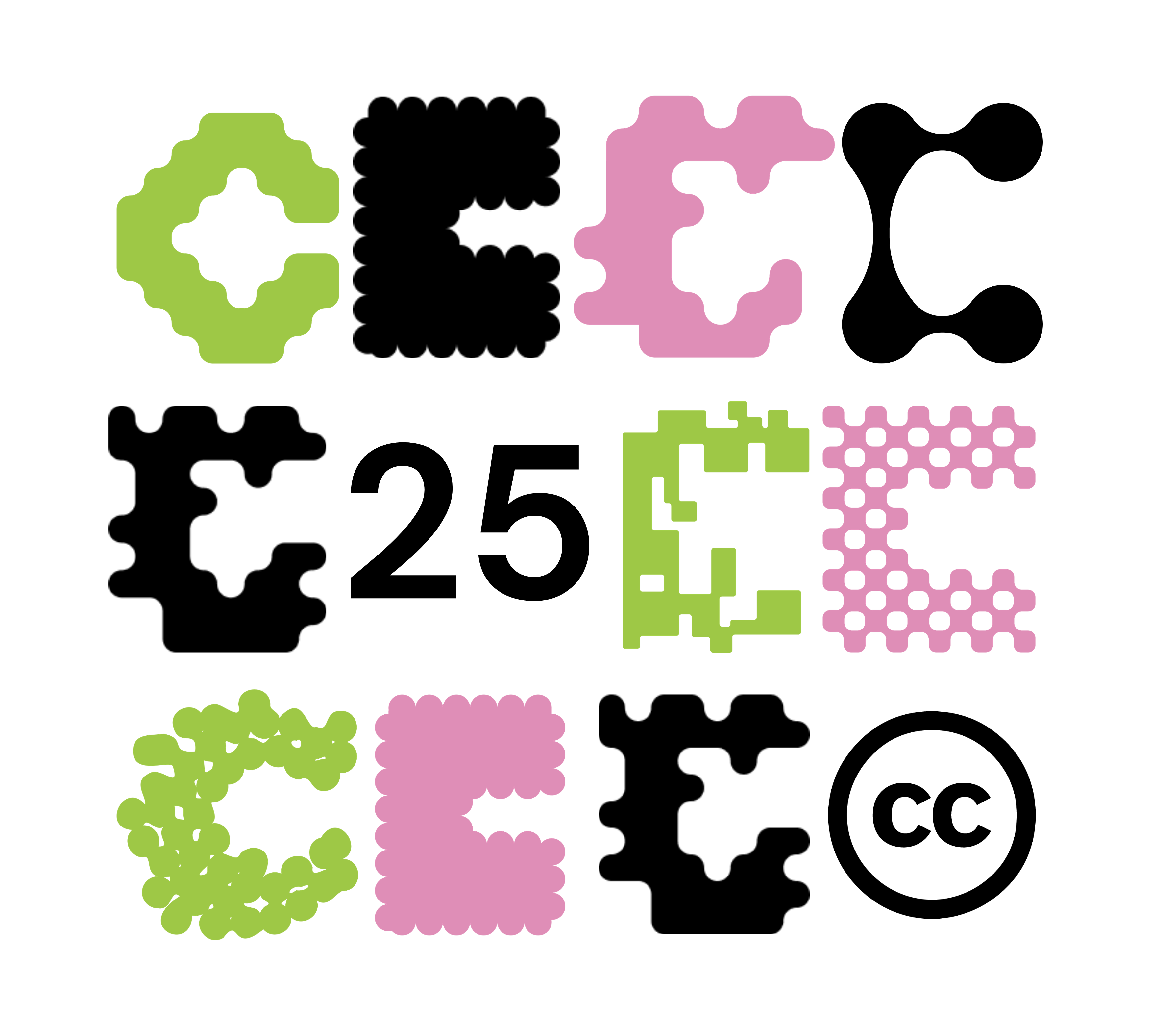 C's of different shapes in green, pink, and black are set in a grid with the CC logo and the number 25