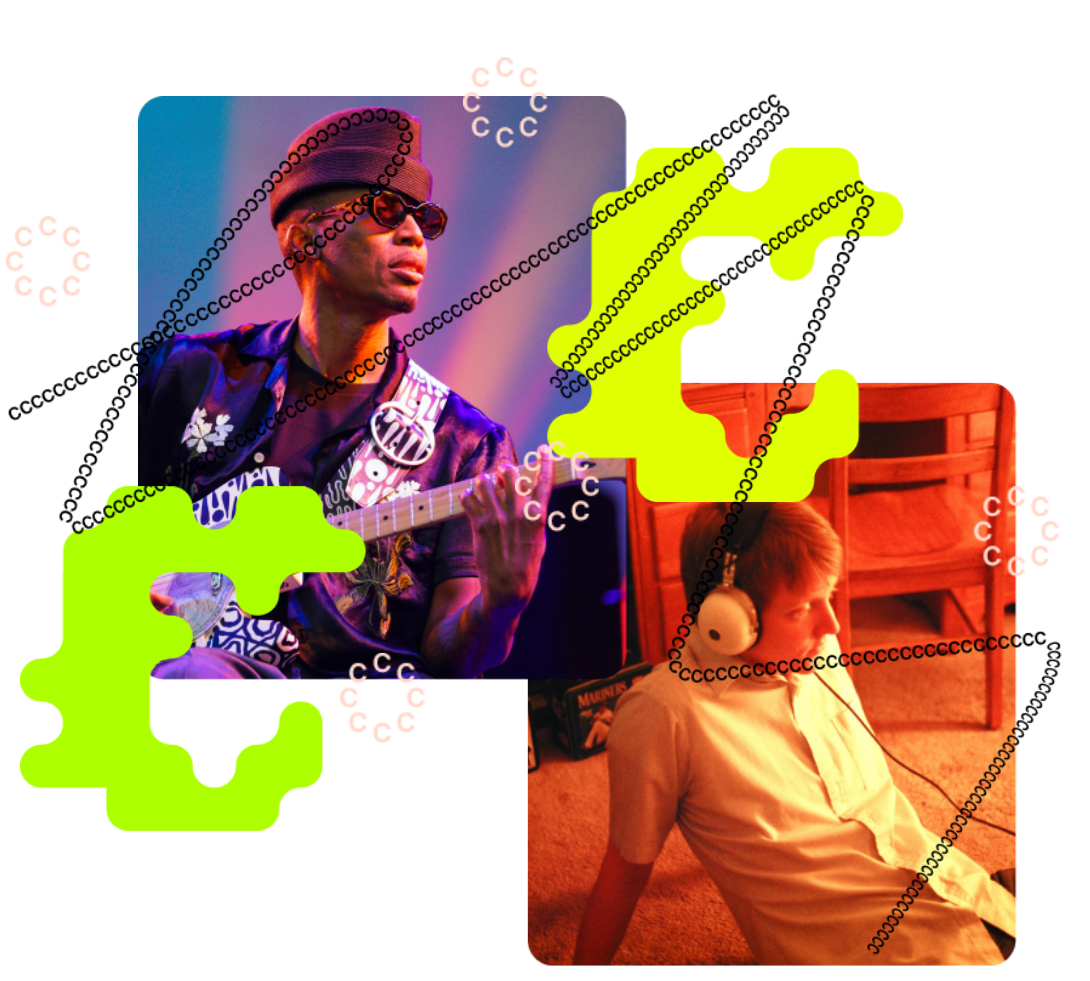 A photo of a performer playing guitar and a photo of a man listening with over-the-ear white headphones are layered with green C's and a zigzag line of C's as part of CC's visual brand.