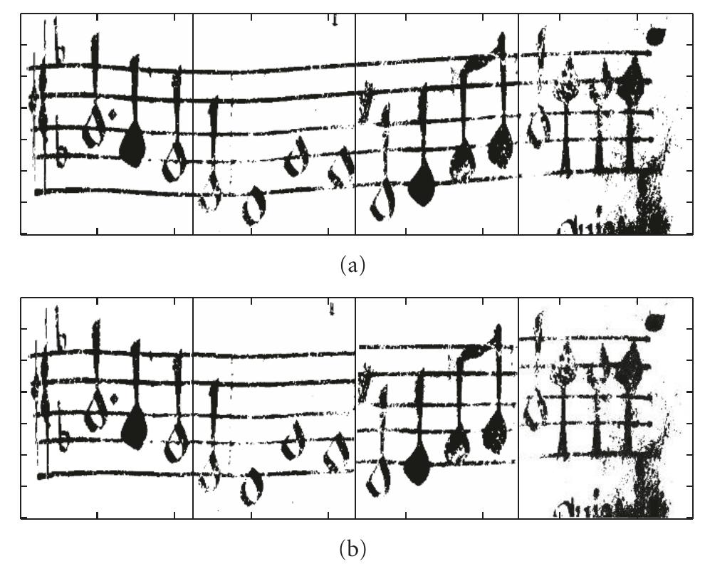 Ficure 17: An example of the correction of the rotation of staff fragments: the inclination values of the fragments of the staff (a) are detected using the Hough transform and corrected (b). 