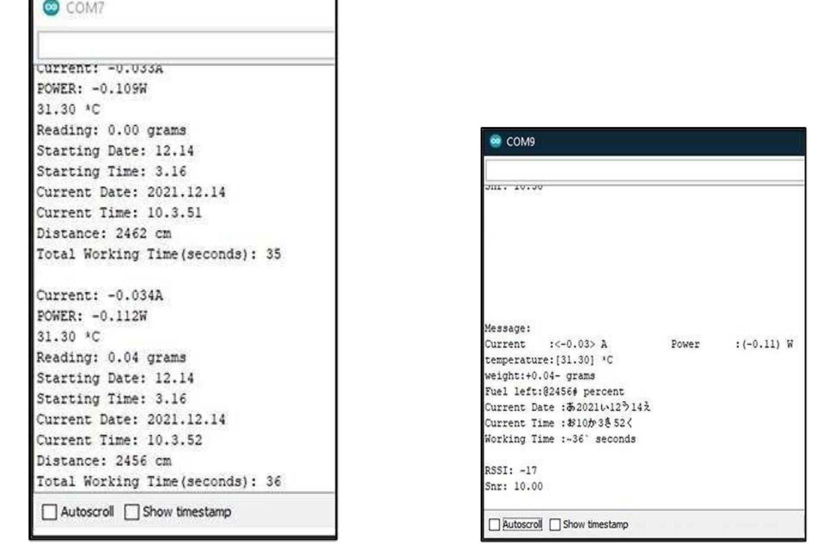 Figure 6. Receiver’s serials monitor display  Figure 5. Transmitter’s serials monitor display  Figure 5 shows the display from the serial monitor of Arduino software when a transmitter sends data dan Figure 6 shows the serial monitor from the Arduino software when a receiver receives data. The measured items are current, power, temperature, weight, date and time, a distance that will be used to detect the fuel oil in the crane, and total working time for the crane. In addition, the signal to noise ratio (SNR) and  received signal strength indication (RSSI) values of the LoRa module is also displayed in the serial monitor of the receiver side. SNR and RSSI indicate the signal strength for LoRa. 