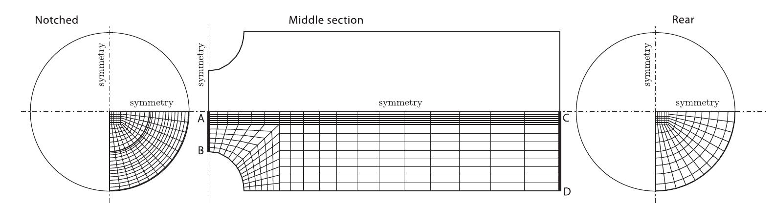 Figure 15. Notched shaft under tensile load: geometry and mesh. 