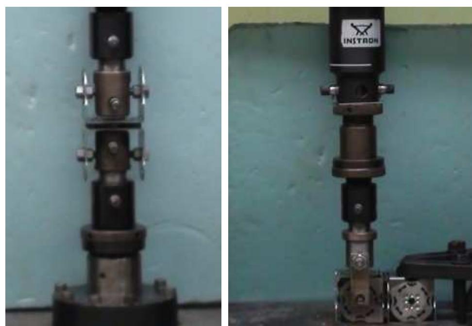 Fig. 6: Tensile (left) and bend (right) testing of the female- male-female ModLock element with Instron 4206 