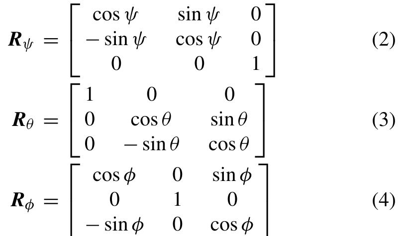 The relationship between the rotation matrix and Euler angles is given by (5) and (6) [51]. The transformation of the acceler- ation data from smartphone coordinate (a,, ay, az) to earth coordinate (A,, Ay, Az) is given by  When the smartphone is not in the normal position, it is necessary to remove the tilting effect. To remove the titling effect, the proposed algorithm transforms the original accel- eration data from smartphone coordinates to earth coordinate system. The rotation matrices of the azimuth (R,, ), pitch (Rg), and roll (Rg) are expressed as [51] 