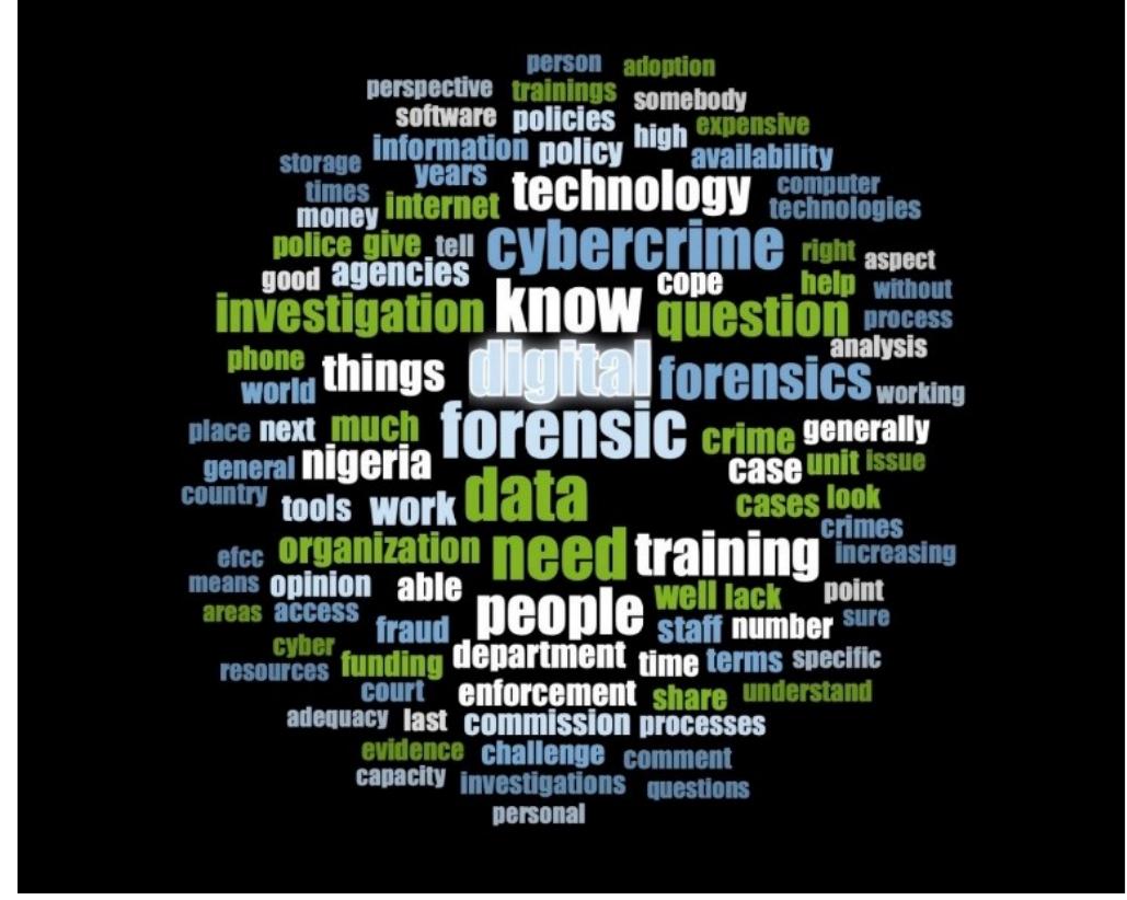 The qualitative analysis tool was used to generate a word cloud, shown in Figure 1. The thematic analysis produced five themes and nine subthemes. The main themes are per- sonnel, digital forensic technology, digital forensic training, processes, and policy. The personnel theme had subthemes for personnel adequacy and personnel capability. The digital forensic technology theme had the following subthemes: ool availability and the impact of the lack of digital forensic echnology. The digital forensic training theme had one sub- heme: structured training. The process theme had the fol-  