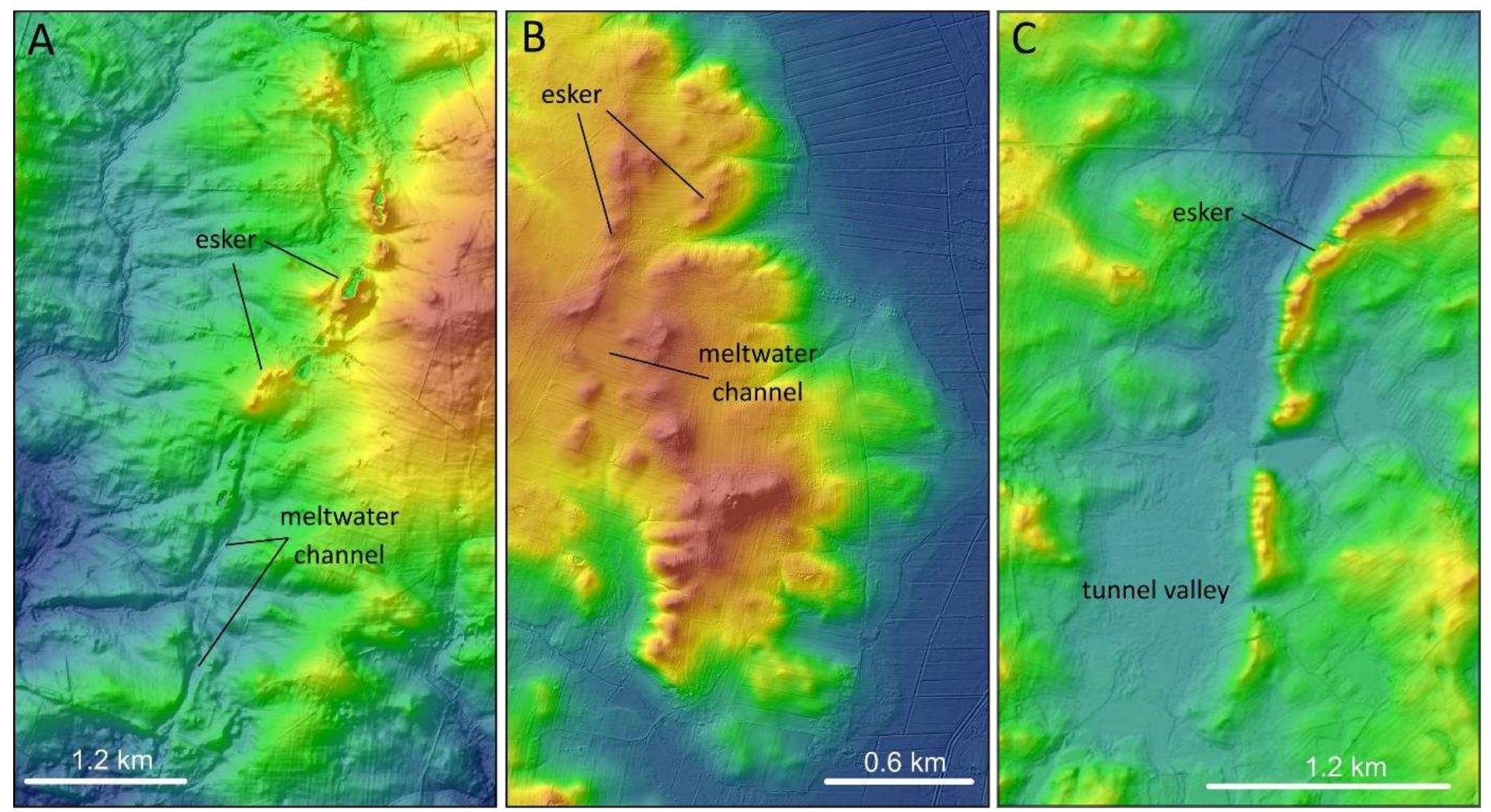 Fig. 3. Eskers associated with meltwater channels A — eskers infilling the N-channel in some sections, B — eskers occur in meltwater channel, C — eskers occur in tunnel valley 