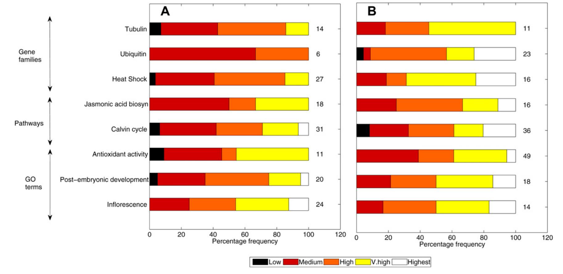 Figure 6. Classification of gene families, metabolic pathway genes, and genes from specific GO terms for Arabidopsis (A) and rice (B) according to the TP with the highest prediction score present within —500 to +100 bp of the TSS. The distribution of the score categories is presented as a percentage of the TP,.,., present in that category. The number adjacent to each bar indicates the  number of TPyenes- [See online article for color version of this figure.]  We compared the programs PromPredict and EP3  predictions within —500 to +500 true positives, since that is the cri  sion) calculated shows that Prom prediction performance than EP3. program gives slightly higher F genome for protein-coding genes.  Predict is able to predict cis-regulat  are considered, the F value would Table IT.  for whole-genome prediction in Arabidopsis and rice Table V). For both programs, we considered the  bp for determining terion used in EP3.  The F value (harmonic mean of the recall and preci-  Predict gives better However, the EP3 values in the rice nterestingly, Prom- ory sites for ncRNA  genes with much higher sensitivity and precision than EP3. It should be noted that all PromPredict predic- tions within —500 to +500 bp are considered irrespec- tive of their score. If only the three higher score classes  improve, as seen in  The program PromPredict gives relatively good per- formance for the plant genomes of Arabidopsis and rice, although its cutoffs have been derived from pro- karyotic analysis. The AFE profiles for plant genomes (Fig. 1) and prokaryotes (Rangannan and Bansal, 2009) are not identical, but the difference in free en- ergy between upstream and downstream sequences is seen in both profiles, which is the prediction cri- terion used by PromPredict. Interestingly, the cutoffs 
