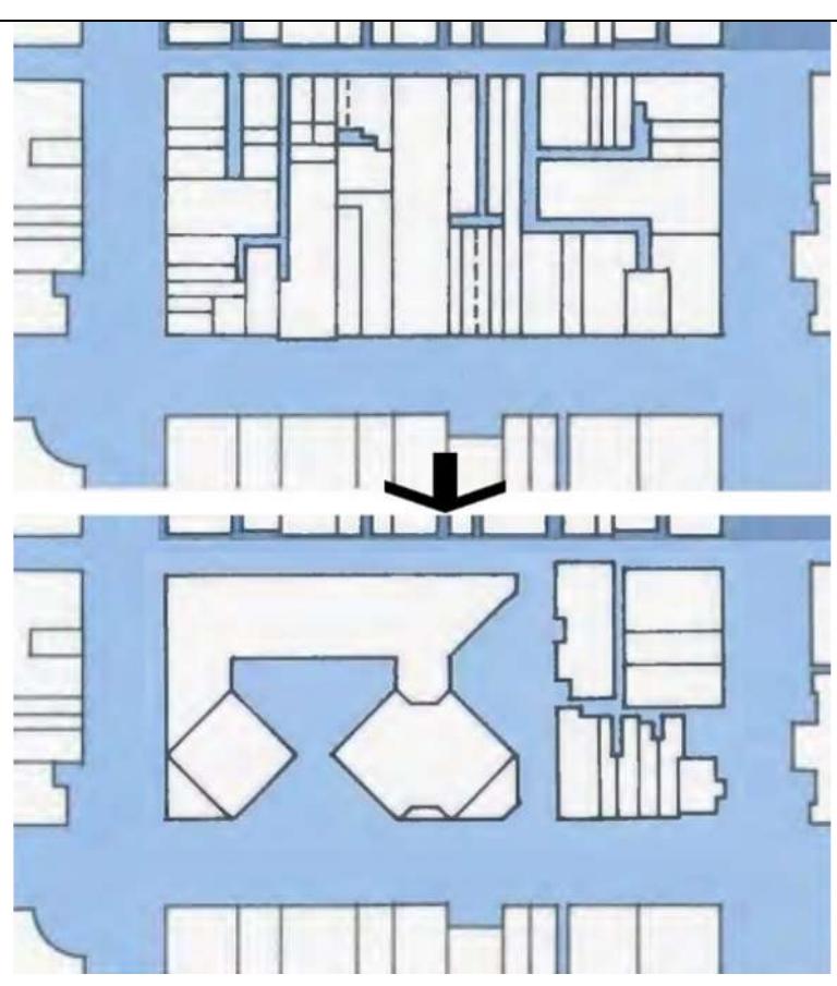Figure. 5: Transformation of Urban Built Form from small land parcel into larger consolidated ones  Source: Author adopted from (Strategy Plan Review Steering Committee, 1985)  Figure. 6: Transformation of buildings’ facades due to the Active Edge policy  Source: Author adopted from (City of Melbourne & GEHL ARCHITECTS, 2004)  interest to pedestrians and use high-quality, durable materials.3)Facades must not be devoid of detail; large facades, in particular, must be divided into smaller sections for articulation.4) Signs must be adapted to building designs.5) Windows must be glazed with clear glass; facade design must provide good lighting at night for additional security. 