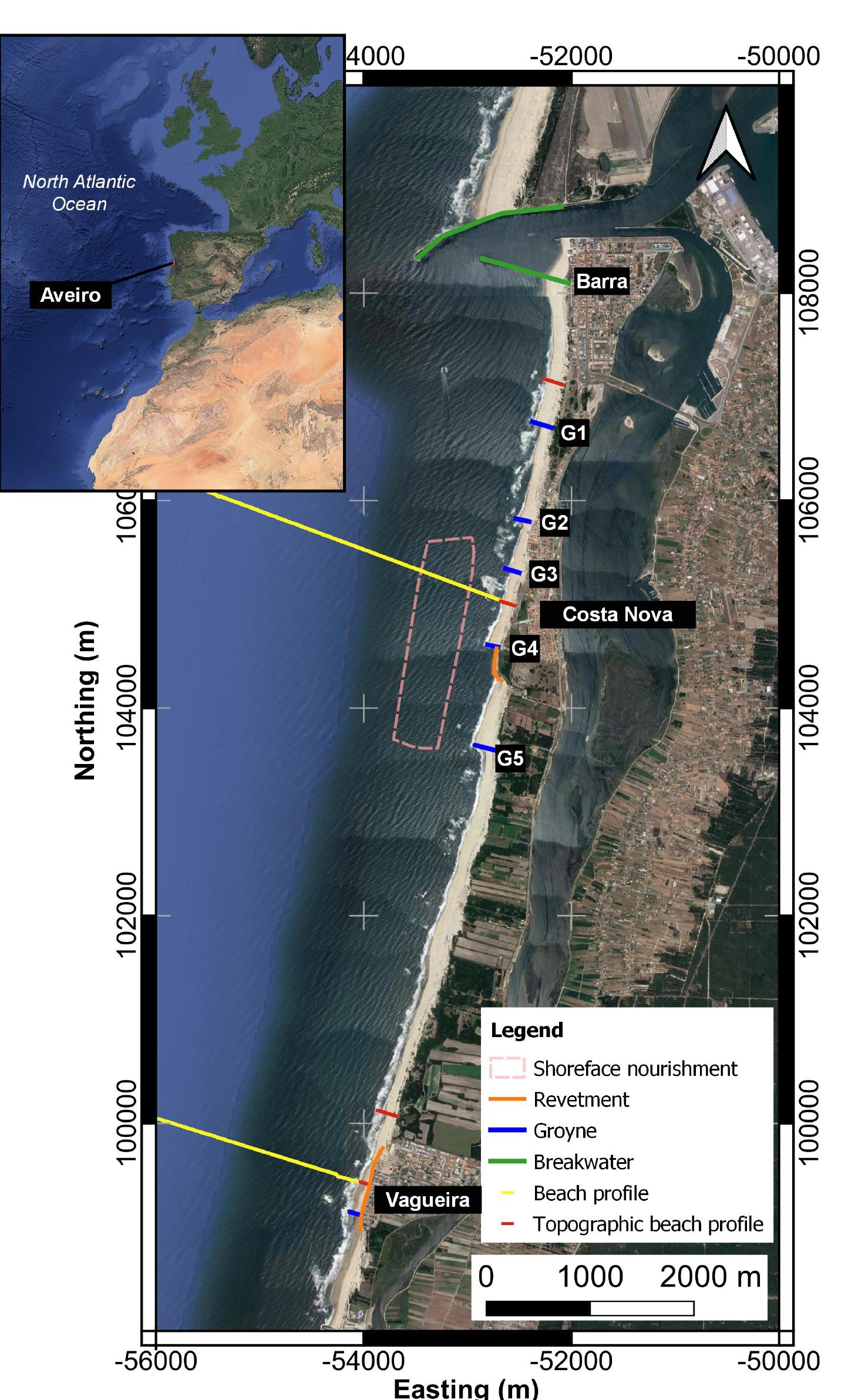 Figure 1. Study area. Coastal defense works include two breakwaters at the Aveiro entrance channel, five groynes at the northern part of the study area and another at Vagueira beach and two revetments one close to G4 and the other at Vagueira beach. The area associated with the shoreface nourishment intervention was between G3 and G5. Beach profiles and topographic beach profiles were obtained within the COSMO programme. Coordinates are referred to the ETRS89 system.  Figure 1. Study area. Coastal defense works include two breakwaters at the Aveiro entrance channel, 