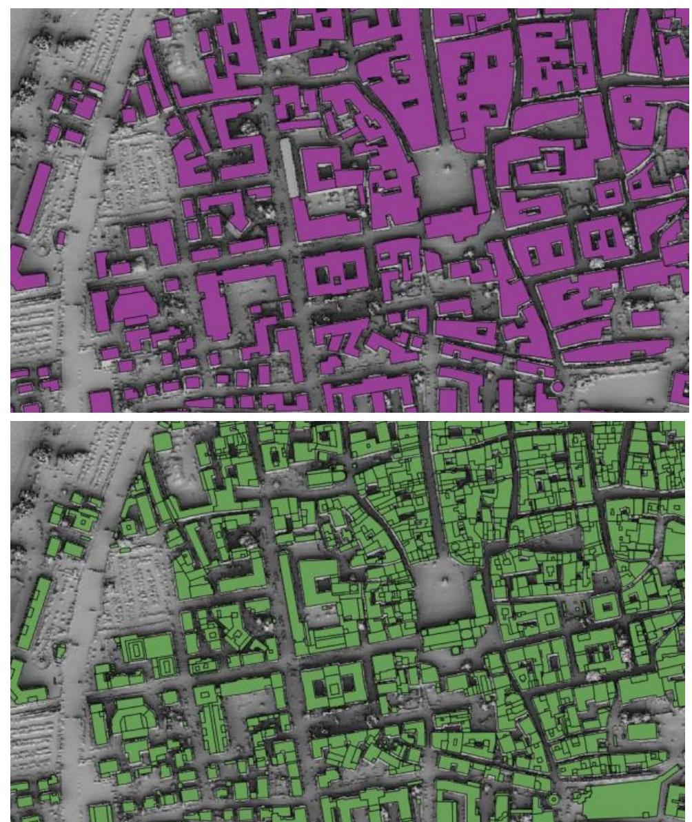 Figure 2. Example of used 1:10,000 map (top) and 1:1,000 (bottom) topographic maps.  When it comes to 2D datasets, two sources were used as input for the building footprints. Both are topographic maps, however at different nominal scales. 