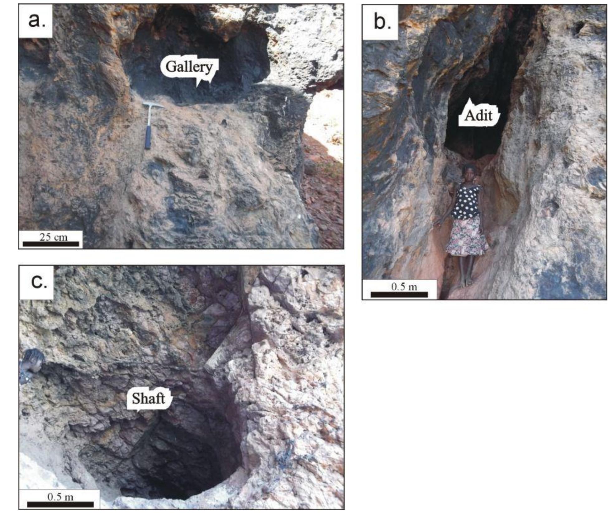 Figure 4.4: Underground Mine I (UG1) consists of a series of drifts, galleries, adits and tunnels that accessed primary in-situ iron ore from the selvedge of quartz cataclasite veins. The galleries were too dangerous to enter but the workings were considerable.  Africa, with the underground operations being the domain of men. 