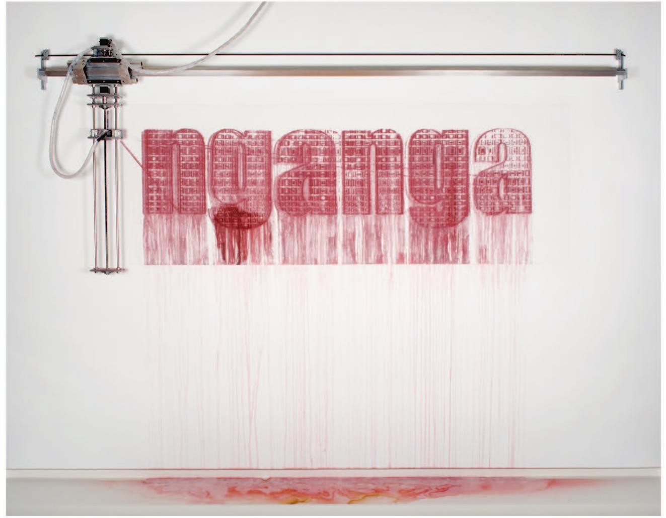 Figure 2. Robert Andrew, Moving out of muteness (2014), ochres, oxides, water and electromechanical components, 240 x 210 x 40 cm. Photo by Fany Saumure, National Gallery of Victoria. © Robert Andrew. Reproduced courtesy of the artist. 