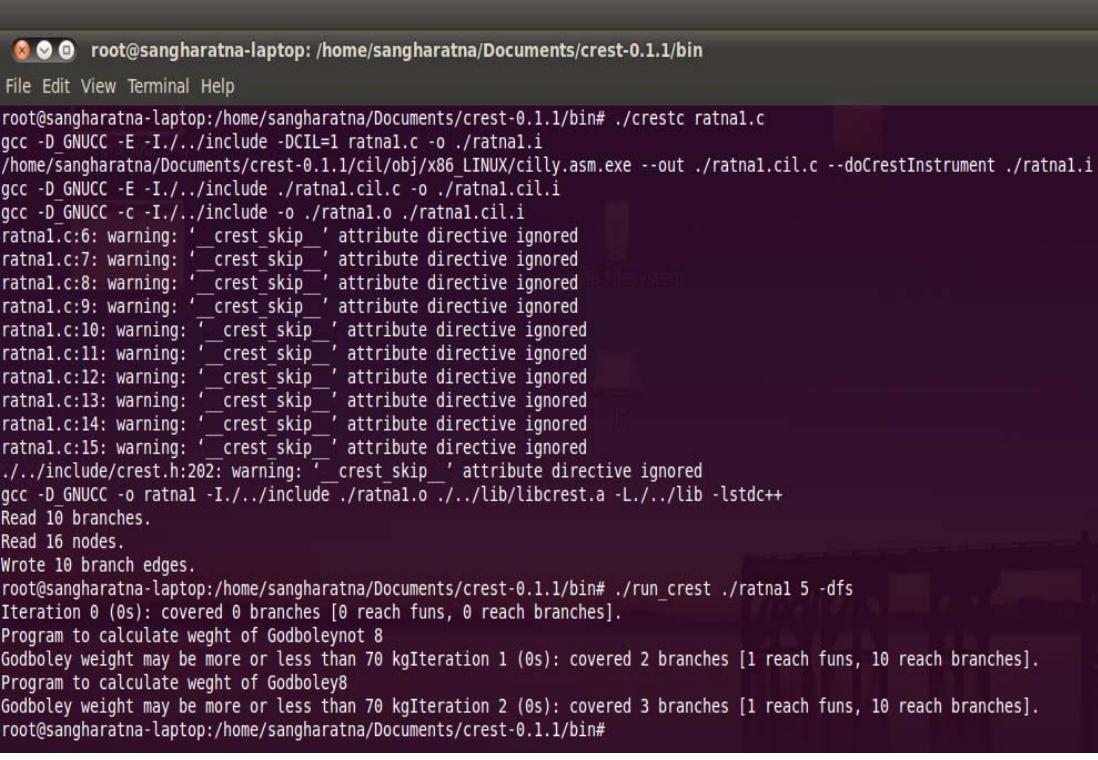 FIGURE 6: SCREEN SHOT SHOWING THE COMPILATION AND EXECUTION OF THE PROGRAM IN FIG. 5.  FIGURE 5: AN EXAMPLE OF PROGRAM TO DEMONSTRATE CREST TOOL 