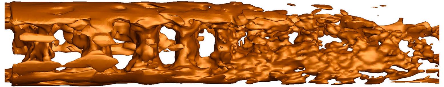 Figure 5. lsosurfaces of positive real part of the M4 mode of streamwise velocity showing the shock train and near-wall flow structures. 