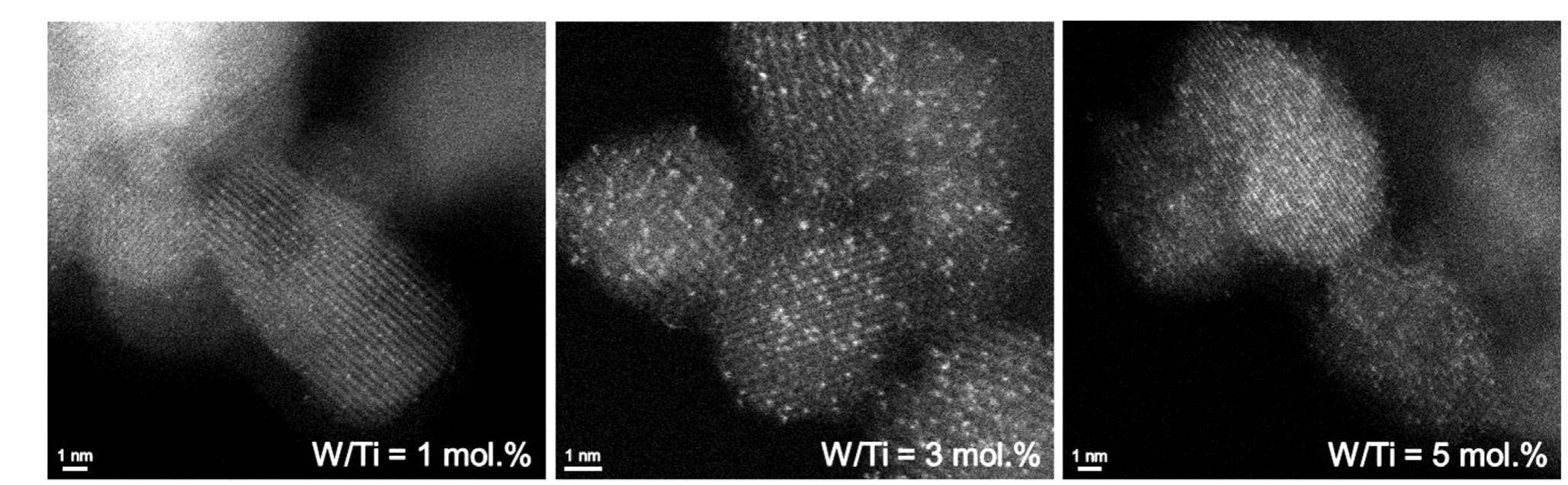 Fig. 2. HAADF-STEM images of TW1_500, TW3_500 and TW5_500 (from left to right). 