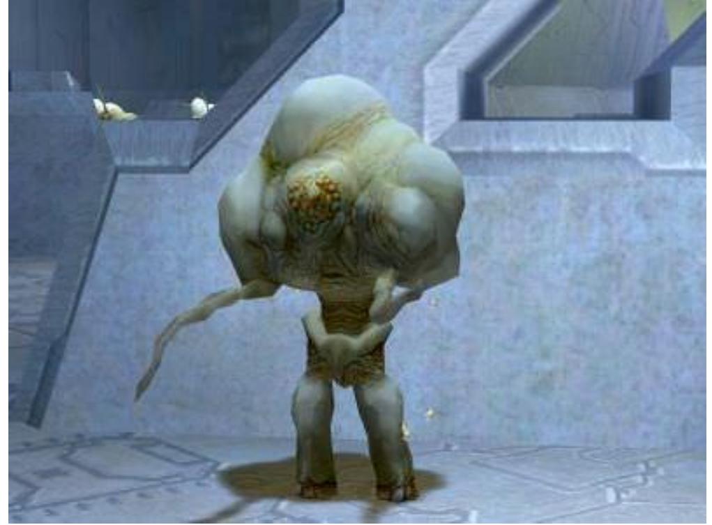Halo: Combat Evolved — The Carrier Flood form is a carrier that has a low amount of armor and spawns units through an explosive weapon type at close range. It typically tries to assault the player in the middle of a battle when in a larger heterogeneous group. It increases the tension of theleve because the player knows it can inflict a high amount of damage if it explodes nearby and only serves to create more enemies. This creates a situation where the player has to choose the best time to eliminate it in order to mitigate damage.  Figure 6: A Flood Carrier in Halo: Combat Evolved 