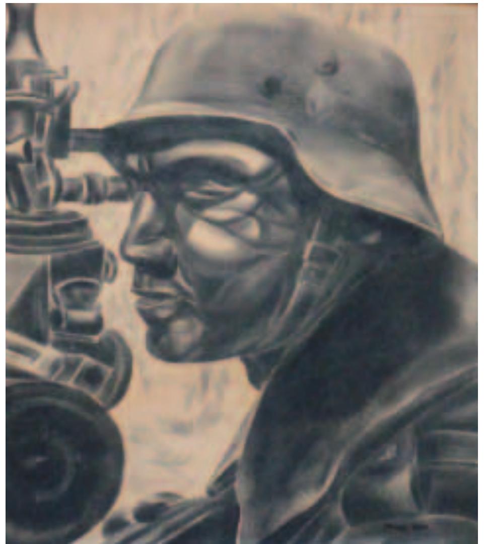 Fig. 1. D.P. Henry, German Gunlayer’s Head, no. HOO2, executed using soot and Henry’s finger-rubbing technique on drawing paper, 40 x 31.5 cm,  1951. (© Elaine O’Hanrahan) Exhibited at Henry’s solo exhibition at Manches- ter’s Central Reference Library, 1964. 