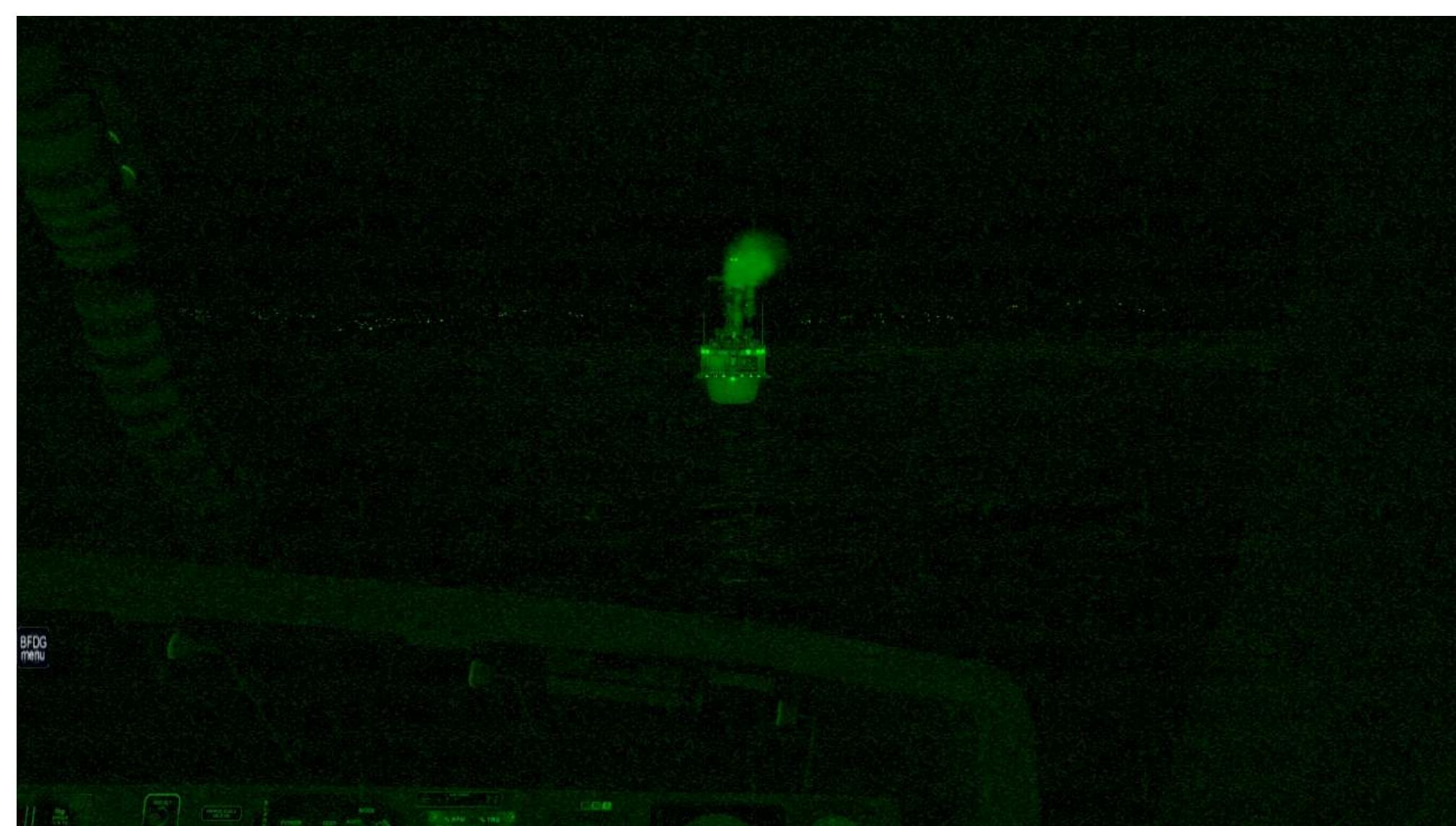 Figure 4.37: Visualized Ship Landing with night vision goggle (NVG) at night in Cockpit View 