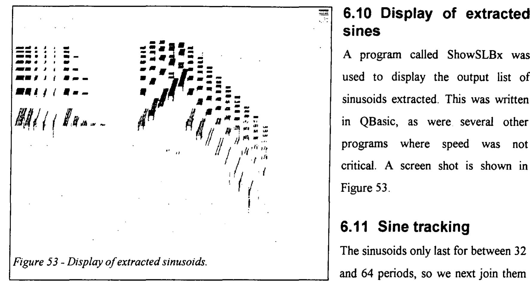 by time using a program called TRAKSIN«x to give longer entities called chains- These are similar to the  auditory elements’ of Brown,/O™"S “4! This is done by linking sines in neighbouring blocks using a  simple birth-death model as shown in Figure 54. Note that sinusoids are only linked at their ends, s«  frequently. It is possible for a sinusoid 