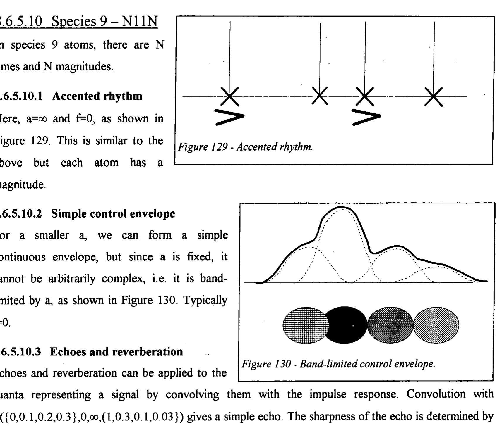 These too can be made using a set of impulses regularly spaced in the /og-time domain.  the density, which should be infinite to avoid frequency distortion, as shown in Figure 131.  what we might call a Shephard rhythm, which incessantly slows down while adding faster beats, /Risset 91  Reverberation is the same as echoes except the sound  Whereas Shephard tones. have an incessantly rising time but a constant pitch height, Risset demonstrates  is diffuse. This can be modelled as above using a large  8.6.5.9.5 Shephard rhythms  but finite density, i.e. Q({set}, 0, large, {set}). This 