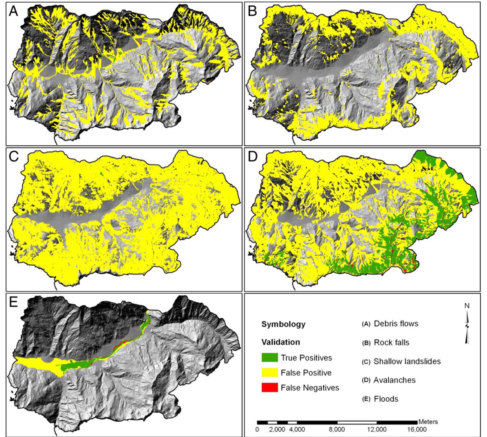 Fig. 7. Maps of the validation result.  Summarizing, the analysis of the Barcelonnette case study using the software tool MultiRISK proved much more comfortable, user- friendly, and much less error-prone than the separate modeling of all single steps; previous attempts to step-by-step perform the analy- sis enabled the authors to come to this conclusion. By means of a lit- erature review complemented by advice from experts and statistical analyses, a worst-case parameterization followed by hazard model validation and exposure assessment could be carried out. Thus, it can be concluded that the MultiRISK tool leads to a higher efficiency in susceptibility and exposure modeling for multihazards so far. How- ever, due to the partly very low PPP values, which stands for a high overestimation of the modeling result, the effectiveness in the case study shows quite some potential for optimization. Nevertheless, a considerable advantage is that long time- and resource-consuming data acquisition has been avoided. However, the applicability and usefulness of such an approach for a very first approximation of an unknown area has to be examined in future studies together with stakeholders. 