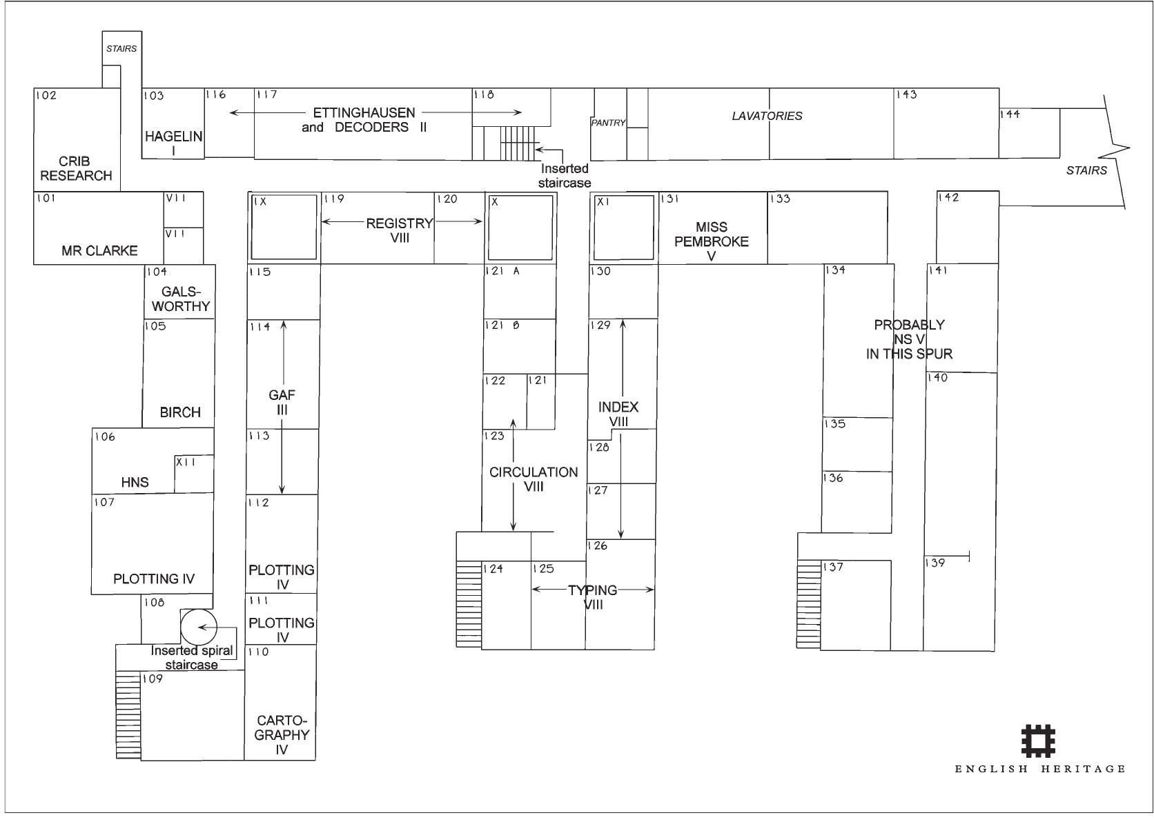 Bletchley Park Block A: first-floor plan showing proposed layout of Naval Section from 1943 (© English Heritage) 