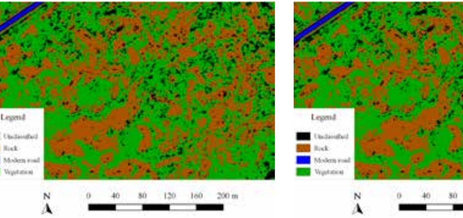 Figure 7. Pixel-based classification.  Figure 8. Object-based classification.  In archaeology, object-based image are discrimi- nated not only on the different geometric and spec-  In contrast to the pixel-based approach, an ob- ject-based image analysis (also called OBIA) uses the entire image or data set and breaks it down into meaningful segments (Blaschke et al. 2014). Gener- ally, object-orientation is a programming paradigm based in the concept that the functions which are applied to data shall be assigned to a certain object. Object oriented approaches are usually based on two main steps: I) first, the segmentation, which consists in the delineation of homogenous regions in a data set; II) then, the classification, controlled by a knowl- edge base that describes the characteristics of output object classes (Lasaponara et al. 2016). In fact, based on initial segmentation, the single segments (i.e. sets of pixels) containing information about pixel val- ues, object shape and topology are the input in the classification step (Benz et al. 2004). As the classified objects of interest can be used seamlessly in a GIS, OBIA is known as a technique combining remote sensing and GIS analyses (Rutzinger et al. 2006). Due to the complexity of data sources, creating a model or a “computer-based representation” is often a challenging task.  In archaeolooyv. ahiect-hased image are discrimi- 