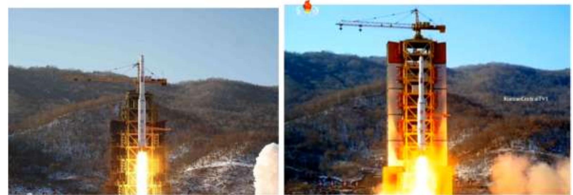 Figure 5: Launch of Unha3 Dec 2012 (Left) and February 2016 (Right)  Analysis of the images and the video put out by the DPRK as well as the performance of the vehicle establishes the point that the Unha-3 launch vehicle used in the February 2016 space launch was very similar to the vehicle which put the satellite into orbit in December  2012.” The images of the December 2012 and the February 2016 Unha-3 vehicles are shown in Figure 5. 
