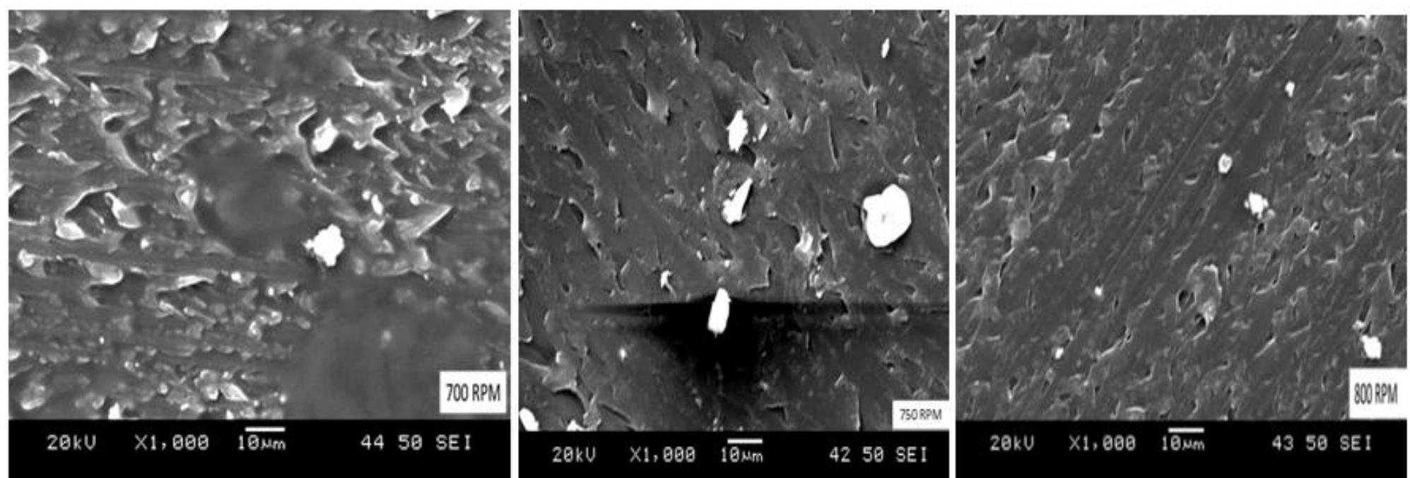 Figure 6.58. SEM micrograph of polycarbonate grade compound at 700, 750, and 800 rpm 