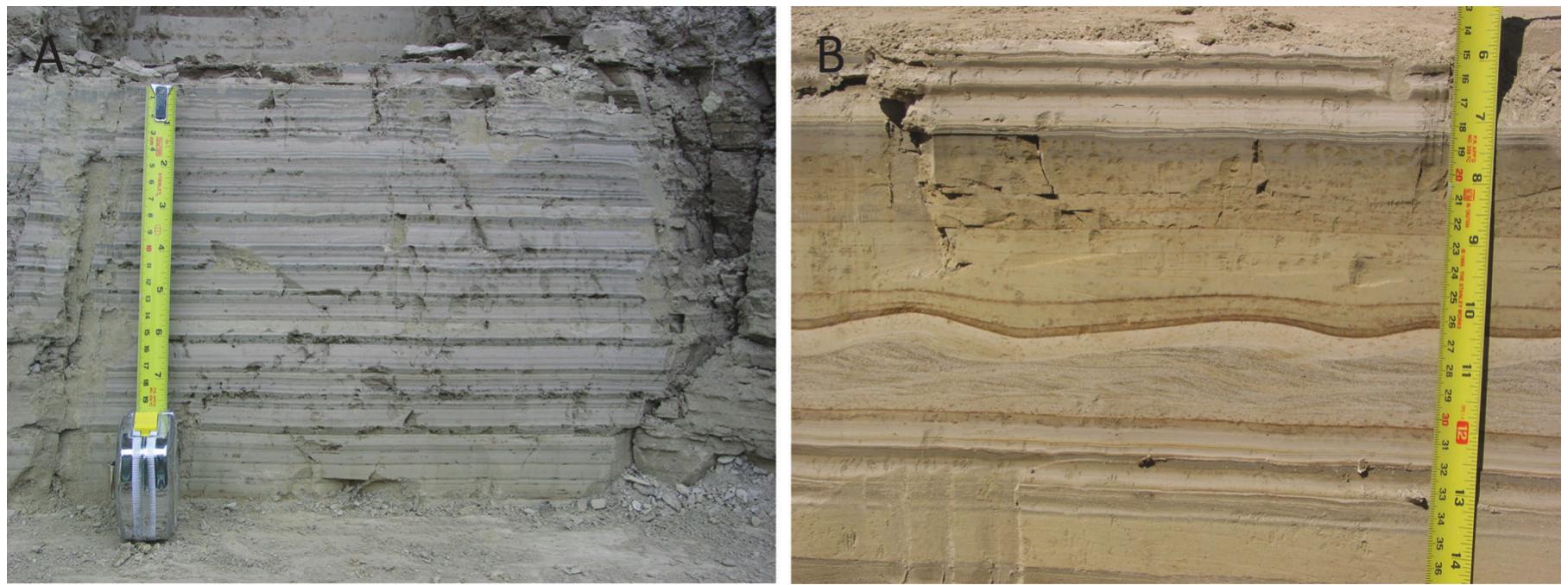 Sedimentary characteristics of glaciolacustrine sediments at Manila Creek. (A) Laminated and bedded silt and clay. Beds are possible composite varves. (B) Type-B very fine sand ripples in glaciolacustrine sediment near the top of the Manila Creek exposure.  northeastern Washington and western Idaho.”  of the units contain type-A and type-B ripple-drift cross-lamination recording northward, or down-valley, flow (Figure 4.9D) and suggesting that the sediments were deposited in a matter of hours or less (Jopling and Walker, 1968; Allen, 1982; Ashley et al., 1982). The lower parts of three units contain ripple-drift cross-lamination indicative of southward, or up-valley, flow, recording initial flooding of the valley. About half of the  units have a faint, possibly loaded contact between lower coarser silt and upper finer,  generally massive silt. Glenn (1965, p. 180) concluded from petrographic data that the sediment was derived from the “Columbia River Basin east of the Yakima and Walla  Walla Valleys and probably in the extensive area of granitic and metamorphic rocks in  eS 2) ee Se Te en: Oe ne ns oe oy wee |: 
