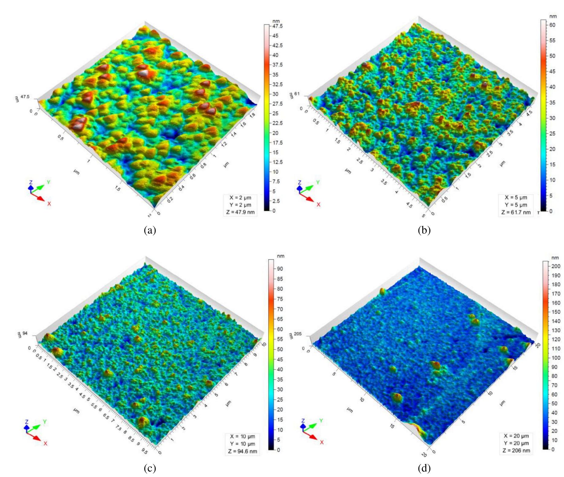 Fig. 4. A set of representative 3-D AFM images of F1 nanostructure surfaces: (a) Fl 2 um x 2 um, (b) Fl 5 um x 5 um, (c) Fl 10 um x 10 um, and (d) Fl 20 um x 20 um. 