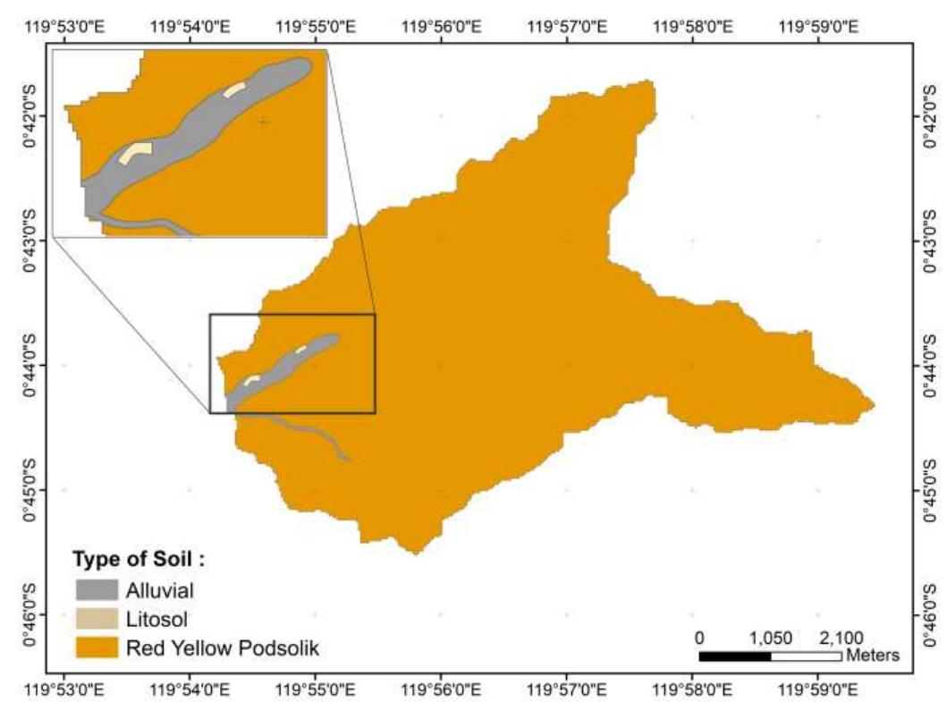 Based on the soil type map of the Regional Planning and Development Agency of Central Sulawesi Province, the Upper Tawaeli watershed area has 3 (three) soil types, namely Alluvial soil, Litosol, and Red Yellow Podsolic. For more details regarding the distribution of soil types in the Upper Tawaeli watershed area (Figure 4).  Figure 4. Map of the distribution of soil types in the Upper Tawaeli Watershed area 