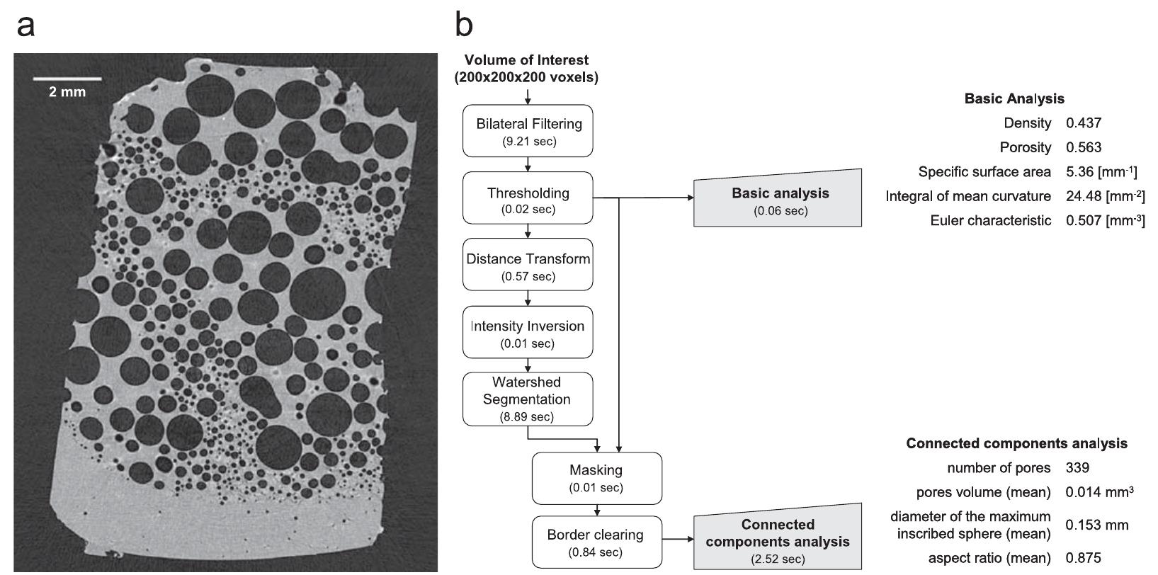 Fig. 4. Analysis of a milk aerated chocolate sample: (a) monochromatic synchrotron X-ray 1—CT slice (energy = 13keV, voxel size =14|1m, sample-to-detector distance = 50mm); (b) schema of the proposed image analysis protocol with related computational time and results (computational time recorded on a Intel Core 2 Duo E8200 2.66 GHz machine).  =  For this example, a Volume Of Interest (VOI) of 200? voxels was extracted from the original data set (a representative slice of the VOI is reported in Fig. 5a) and segmented by means of a bilateral filtering [40] followed by Otsu’s thresholding [27] (see Figs. 5b and c). Visually inspecting the segmented VOI it can be noticed that some bubbles are interconnected, e.g. some visually  distinguishable bubbles form a connected component. To empha- size this situation, the connected components labeled image has been represented using a random color look up table (Fig. 5d) as commonly used. Due to the convexity of the bubbles of this chocolate sample it is quite easy to perform the separation of “touching” bubbles with few morphological image processing steps. The chessboard distance transform [41] of the solid phase was computed and its intensity was inverted (Fig. 5e). Subse- quentially, the watershed transformation [42] was computed resulting in a network of lines that segment the image into disjoint regions, each including an individual bubble (Fig. 5f). Masking this watershed segmented image with the thresholded image a binary image is obtained in which each bubble has been identified and separated (Figs. 5g and h). Performing the connected components labeling of this image it is possible to 