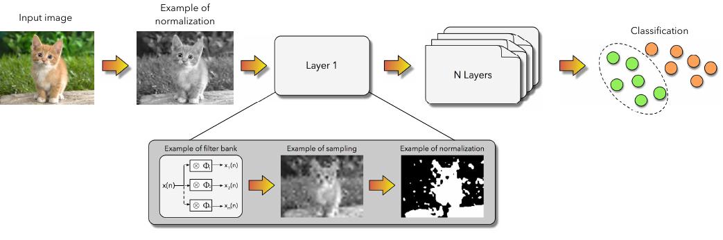 Fig. 1. A typical Convolutional Neural Network architecture.  Basically, a CNN can be understood as an N-layered image processing sequence. Thereby, given an input image!, a CNN essentially extracts a high level representation of its, called multispectral image, whose pixel attributes are concatenated in a feature vector for later application of pattern recognition techniques. Figure | introduces the naive architecture of a Convolutional Neural Network. 