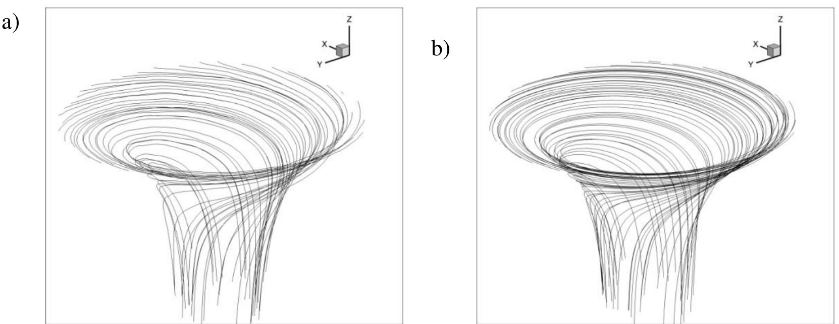 Figure 3. Streamtraces below the electrode active face for Case C with an electrode rotation speed of 25 rad s". (a) three-dimensional biphasic model. (b) Ideal model.  Qualitatively, the fluid flow patterns in the vicinity of the electrode active face obtained with the three-dimensional biphasic model and the ideal model are similar; nevertheless, there is a quantitative difference between them. Early experiments on the flow over a rotating disc reported the presence of a strong instability of the laminar boundary layer due to its three-dimensionality (Gregory, Stuart et al. 1955). However, a recent experimental work related with the electrodeposition of zinc on an inverted rotating disc electrode reported that the number of spirals and their angle are exactly in accordance with the flow pattern predicted by the ideal model (Jaksic and Komnenic 1991). A detailed description of the differences between ideal and three-dimensional biphasic models will be presented in Section 3.2.3. 
