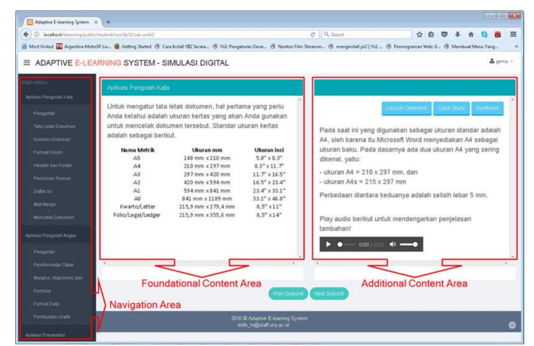 Fig. 1. The user interface of a web-based adaptive e-learning application  model is chosen because this model is specially designed for the engineering context [17], [18] and very often used in research related to technology-enhanced learning [19]. This model describes the learning style in more detail, distinguishing the learner preferences into four dimensions (active-reflective, sensing-intuitive, visual-verbal, and sequential-global) [20]. Theoretically, these four dimensions possibly generate 16 (or 2*) different learning styles. In order to collect the learning style information with regard to this model, the Index of Learning Styles (ILS) questionnaire, which consists of 44 multiple-choice items [21], is implemented in this e-learning system. The sec- ond aspect of adaptation is information concerning the student’s initial knowledge. The pre-knowledge of each student is gathered through a pre-test. This pre-test is constructed in a multiple-choice form that corresponds to a specific subject.  