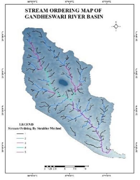 measured along a stream channel. In the case of the river basin under  Fig. 6: Stream Ordering Map o the Gandheswari River Basin  consideration, the total stream length has been calculated to be 399.25 