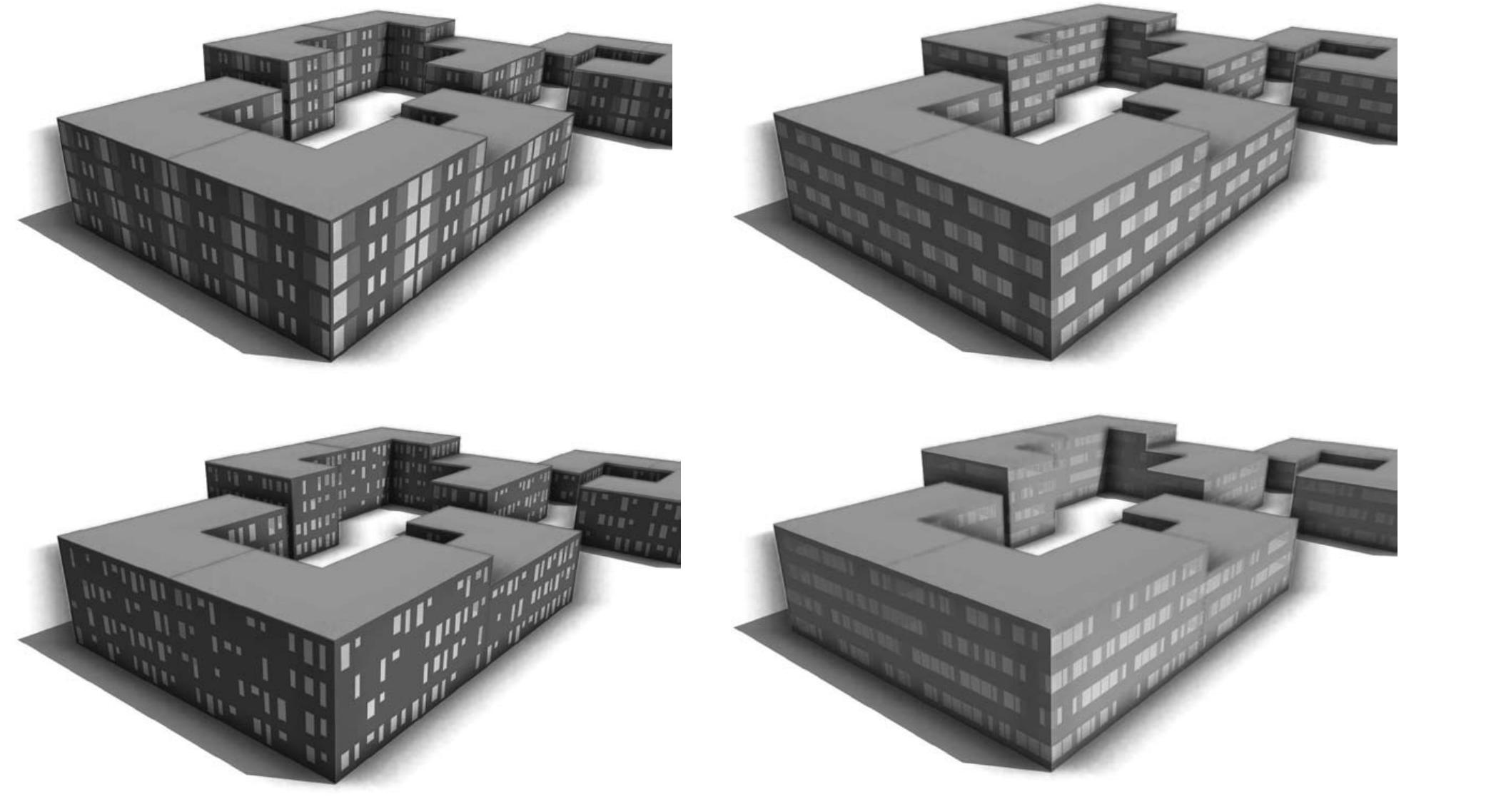 Fig. 3a-d. Examples of different facades on the same building envelope: a. Reflection pattern facade, b. glide reflection pattern facade, c. Repetitive random pattern facade, d. Random pattern fagade; by authors 