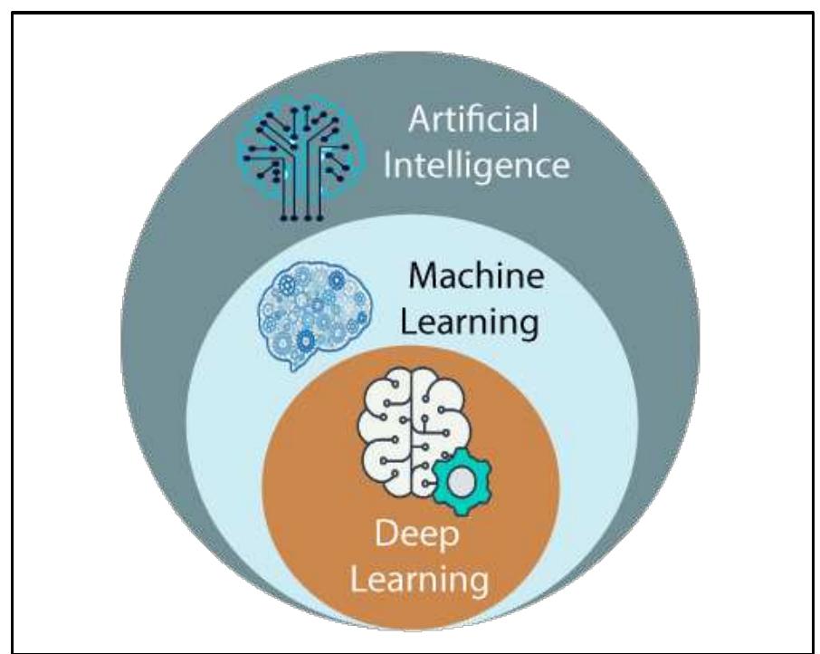 Fig 1: A Venn diagram defining deep learning as a machine learning subfield which is in effect a subfield of artificial intelligence.  circumstances that can provide processing of large scale bird information and serve as a valuable tool for scholars, researchers and other agencies. The identification of the bird species from the input of sample data therefore plays an important role here.  Bird identification can generally be done with the images, audio, or video. The audio or video processing technique makes it possible to detect birds by analyzing audio and video signals; however, the processing of such information is made more complicated by mixed sounds such as insects and the presence of other real-world objects in the frame. People are typically more effective at finding images than audios or videos. Therefore, it is easier to use a picture over audio or video to identify birds. 