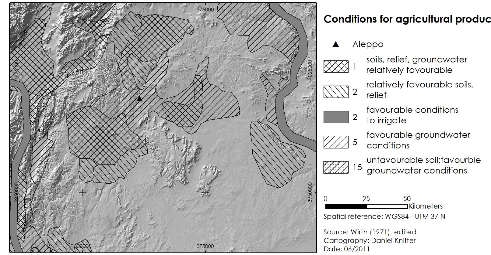 Fig. 3 | Areas with suitable conditions for agricultural production. These assessments are based on a combination of factors: soil type, relief, groundwater and irrigation capabilities (edited after Wirth 1971). 
