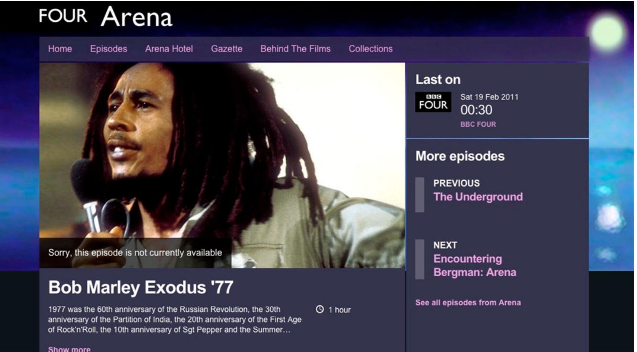 Photo 3. BBC Four Arena page dedicated to Bob Marley Exodus ’77 programme, containing clips and additional information®? 