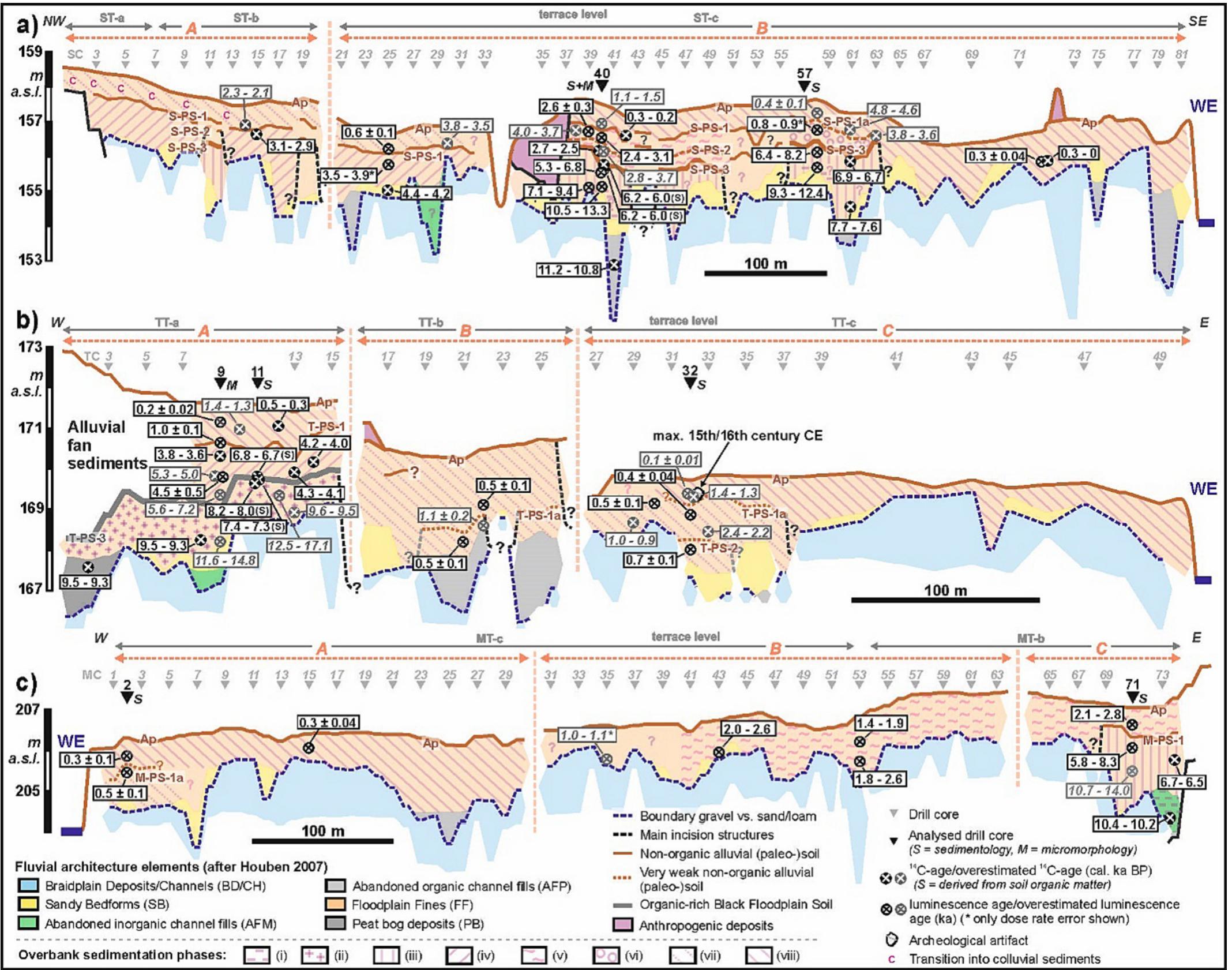 Fig. 3. The studied transects with radiocarbon and luminescence ages, sediments belonging to different overbank sedimentation phases (defined based on strat graphical features and numerical dating; see Figs. 7 and 8), and the positions of analyzed cores: (a) Salsitz. The radiocarbon ages of this transect were taken fror Ballasus et al. (2022a), but re-calibrated using the Intcal20 calibration curve (Reimer et al., 2020). (b) Trebnitz, (c) Meilitz.  The locations of the transects, including the spatial distributions of the terrace levels, are given in Fig. 2.  WE = WeiB8e Elster River, Ap = plough horizon. 