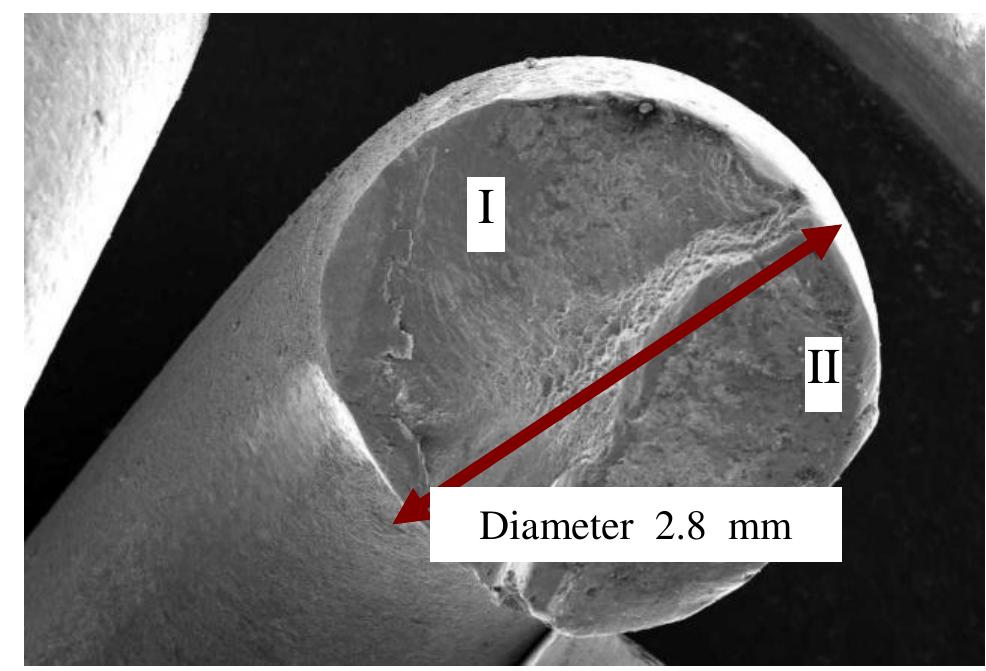 Fig. 2 Appearance of spring fracture, Region I and II and diameter of the helical tension spring  There were total three springs fractured, each into two parts. The wire diameter is measured and found to be as per the specification and also confirms to the Gr.III. Fig. 2 shows the fracture appearance of one spring with a wire diameter 2.8 mm.  The upper and lower portions of the failed springs are analyzed separately.  Visual examination of the spring samples under the stereoscopic microscope at 20X magnification revealed a brittle surface. In all the three spring samples fracture occurs,at the ends. The plane of fracture is from the maximum bending location. Also, the broken portions did not show any perceptible deformation in the region of cracking. Macroscopic investigation of normal spring supplied by the supplier doesn’t reveal any surface abnormality and confirms to specification. 