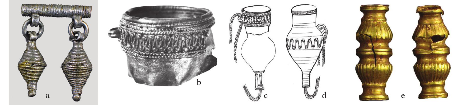 Fig. 9. Pendants made in the form of a miniature vase: a) Zidovar, amphora-shaped pendants, the middle of the 1“ century BC; b) Dvorska, a silver miniature vase on a chain, the middle of the 3"! century AD; c-d) miniature vases chains: Dvorska, Szalacska, reconstruction (drawing by A. Premk); e) gold beads in the form of miniature vases, Guberevac, 2"!-3" century AD. 
