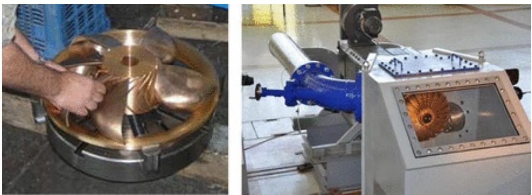 Fig. 22 Manufacture of the model Turgo runner (left) and installation in the Lab (right), [26]. 