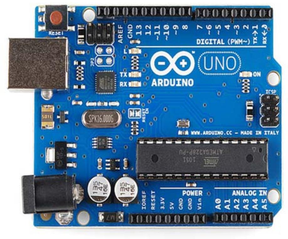 Figure 2. Arduino  Shown in Figure 2, the Arduino, is a micro-sized integrated circuit chip used for the control of electrical devices and mechanisms. It is also an open source software that features thousands of libraries, firmware revisions, use cases, and applications. It is intended for anyone making interactive projects such as the Simple Solder or other. Arduino boards can receive information from several sensors or the user and sends commands to devices such as LED technology or step motors depending on the application. The Arduino language consists of a set of C/C++ functions that can be called from code to execute the actions needed.  The main goal of this project, is to create a cheap and easy to use soldering CNC machine. This mechanism, is designed to assist with small and medium component soldering. In order to guarantee repeatability with high precession and accuracy, several components were considered. In the end, the following software and hardware devices are utilized in the prototype. 