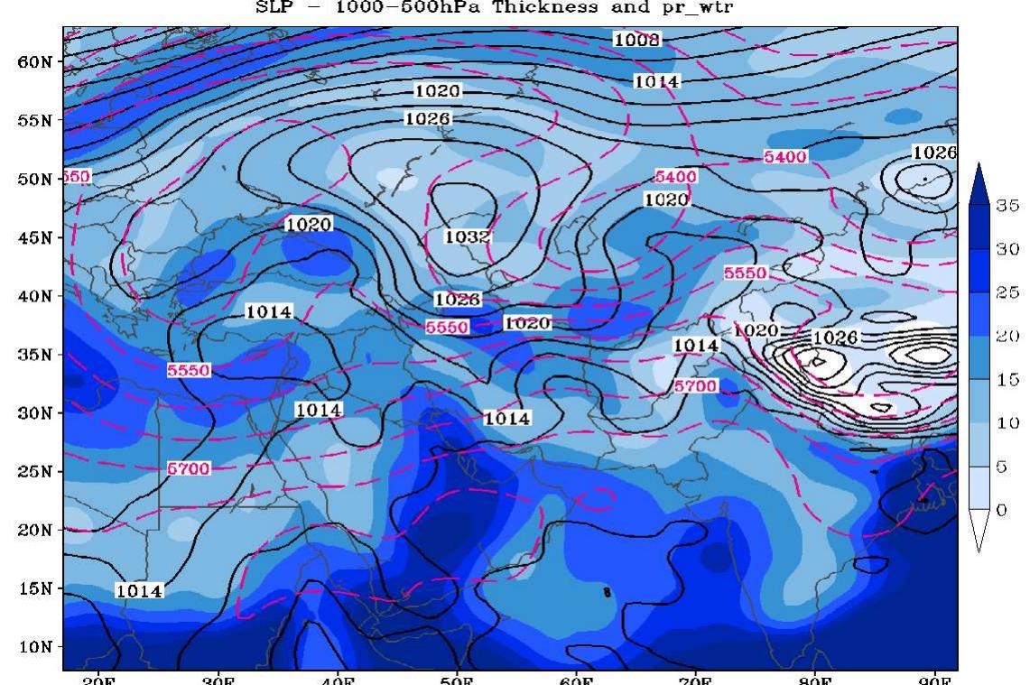 Figure 10. Solid black contours indicate mean sea level pressure (hPa), dashed red contours indicate the 1000-500 hPa thickness and colors represent precipitable water (kg/m“2) on 27 Oct. 2008. 