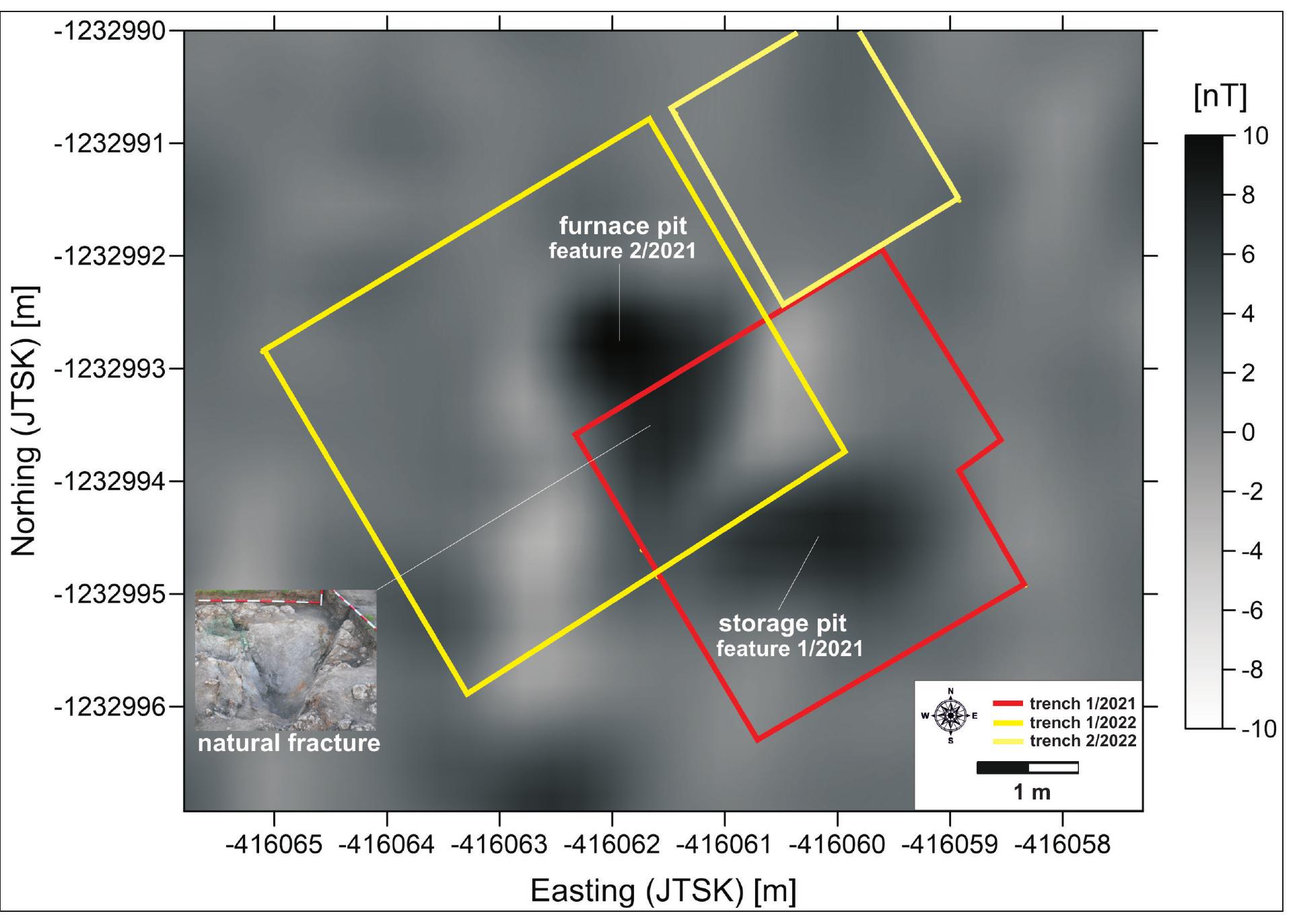 Fig. 2. Horna Micina - Hajny diel. Map of geomagnetic anomalies with plotted archaeological excavations and features (authors: R. Pasteka, T. Zachar).  Banska Bystrica). The municipality is located in Central Slovakia, in the Zvolen basin. The stud- ied site is named Hajny diel (542 m above the sea level) and it is located at the border between the Zvolen hilly area and the Banska Bystrica uplands. The Hron river flows around the surroundings of the site. The elevation with respect to the Hron river (constituting the axis of the Zvolen basin) measures about 170 m (Fig. 1). The first author to present Hajny diel as a site of findings of nu- merous lithic industry was G. BalaSa (1960, 25). The lithic industry in this site was evaluated by M. Kvietok and S. Ferenc (2012, 30). M. Solivajs and E. Kolton informed the authors of this arti- cle about the most recent findings documenting prehistoric copper metallurgy. The aim of the ar- chaeological research was to clarify the character of the prehistoric settlement located outside the  primarily agricultural area of the Zvolen basin (Kvietok 2017, 151, 152, obr. 1-3).  filter was applied to remove the noise from the 